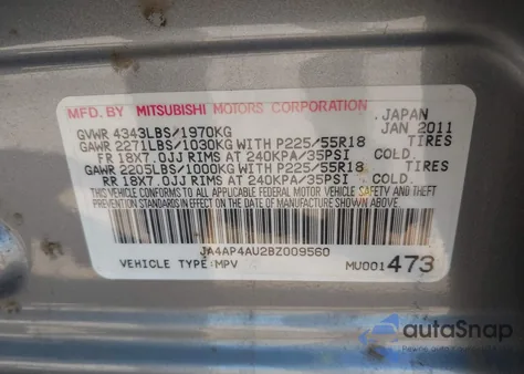 2011 Mitsubishi Outlander Sport Se из США, поврежденный, VIN JA4AP4AU2BZ009560